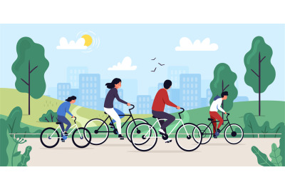 Characters on bike ride in park, summer outdoor activity concept