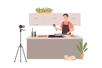 Cooking blogger. Cartoon person prepare food and streaming, trendy cul