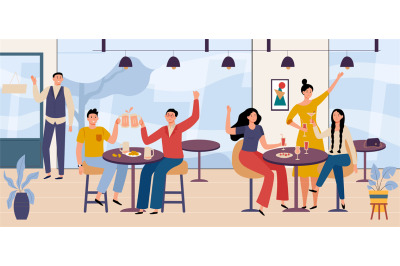 People in restaurant, party with beer or wine