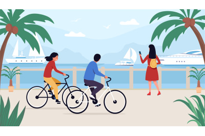 People walk, riding bike on sea quay