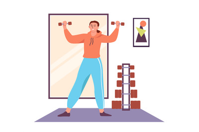 Sports or fitness exercise male character at home