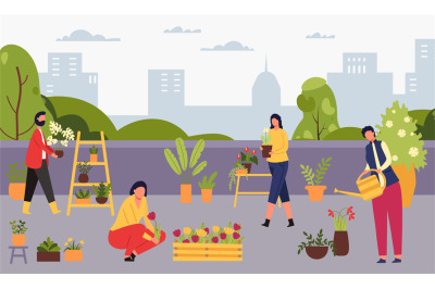 Urban gardening people, growing flower and plants