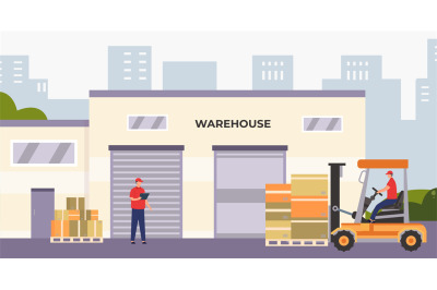 Warehouse workers and equipment, worker with box illustration
