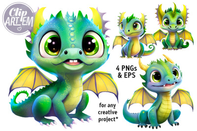 Cute Little Green Baby Dragons 4 PNG Clip Art EPS Vector Digital Image