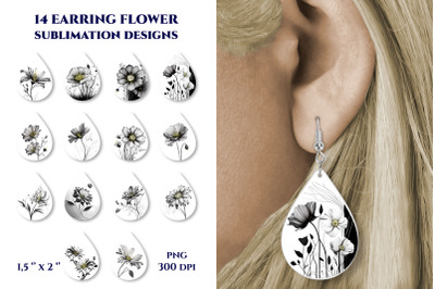 Flower earrings designs. Sublimation earring bundle Line art