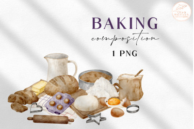 Watercolor Baking Bread Clipart. Cooking Utensils and Food PNG