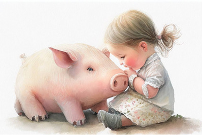Girl with Cute Piglet Watercolor