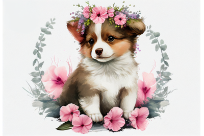 Cute Baby Dog with Flowers