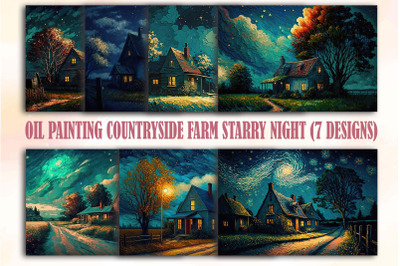 Oil Painting Countryside Farm Starry Night Backgrounds