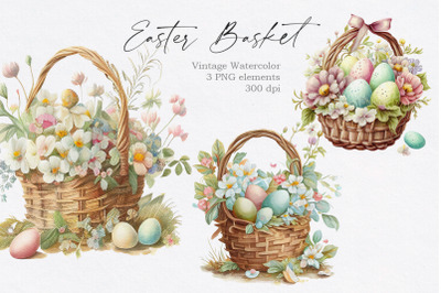 Vintage Easter Floral Basket PNG Clipart