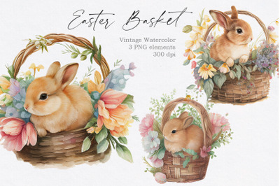 Vintage Easter Basket with Bunny Clipart