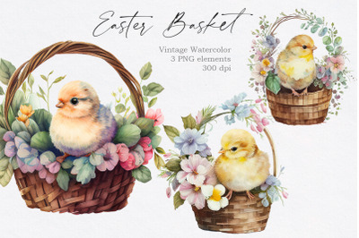 Vintage Easter Basket with Chick Clipart