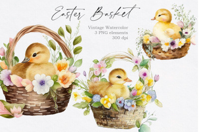 Vintage Easter Basket with Duck Clipart