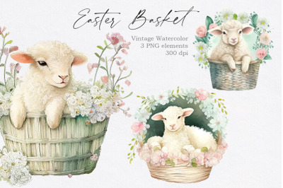 Vintage Easter Basket with Lamb Clipart