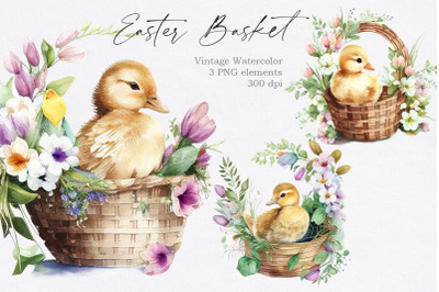 Vintage Easter Basket with Duck Clipart