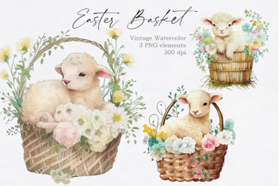 Vintage Easter Basket with Lamb Clipart