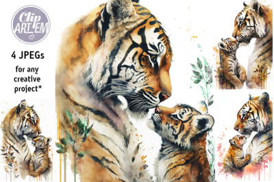 Cute Mommy &2F; Daddy Tiger Baby Cub 4JPEG Watercolor Images Set Wall Art