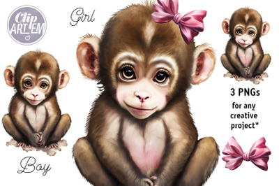 Girl Boy Baby Monkey 3 PNG Images Set Watercolor Clip Art Digital