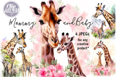 Mommy Daddy Baby Giraffe 4 JPEG Watercolor Images Set Wall Art Decor