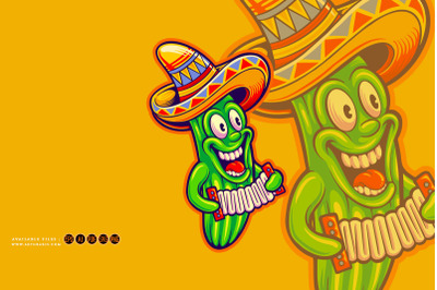 Cactus playing accordion mexican sombrero hat cinco de mayo logo carto