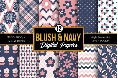 Blush &amp; Navy Cute Floral Digital Papers