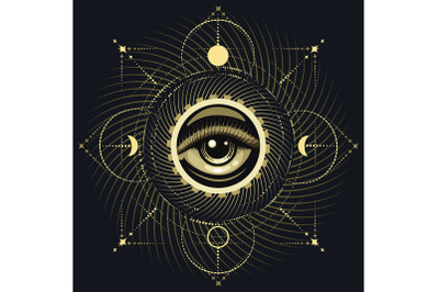 All seeing Eye on Sacred Geometry Background Esoteric Illustration