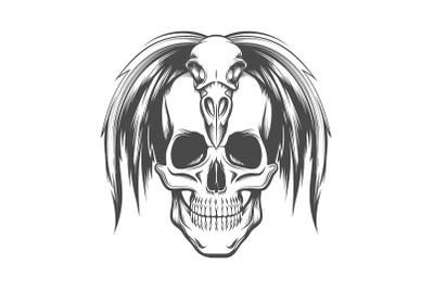Human Skull in Bird Skull Headdress Tattoo