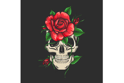Human Skull and Roses Flowers Isolated on Black