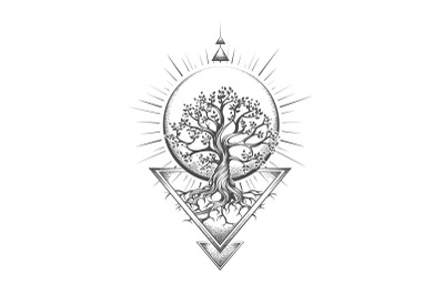 Sacred Tree of Life Esoteric Tattoo on White Background