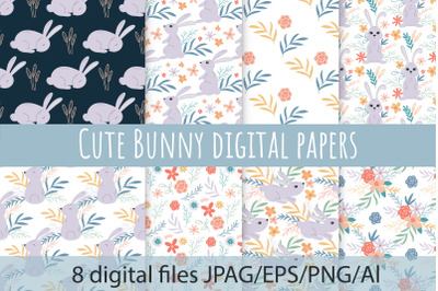 Cute Bunny Seamless Patterns. Baby digital paper set