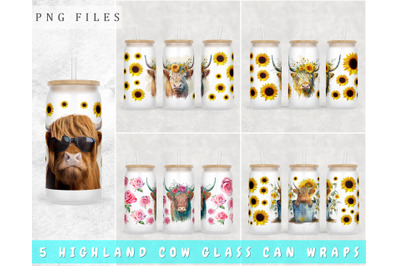 Highland Cow Libbey Glass Can Wraps, 16 Oz Glass Can Sublimation PNG