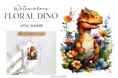 Watercolour Floral Baby Dinosaur PNG Clipart