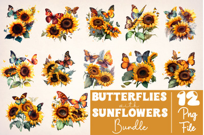Watercolor Butterflies Sunflowers Bundle, Sublimation PNG