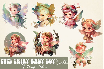 watercolor Cute Fairy Baby Boy Sublimation Bundle, 7 PNG