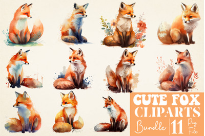 Watercolor Cute Fox Sublimation Bundle, 11 PNG FIle