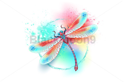 Red dragonfly on watercolor background