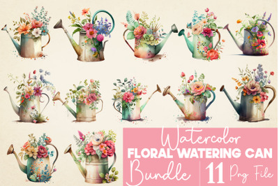 Watercolor Floral Watering Can Sublimation Bundle, 12 PNG FIle
