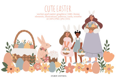 Happy Easter clipart, Cute bunny rabbit illustration card