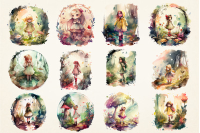 Watercolor Tiny Girl in Fairyland Sublimation Bundle, 12 PNG
