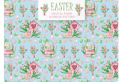Spring Easter watercolor digital paper, seamless pattern.