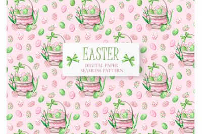 Easter basket watercolor seamless pattern, digital paper.