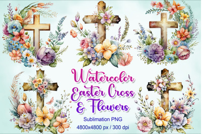 Easter Cross with Flowers Watercolor Clipart