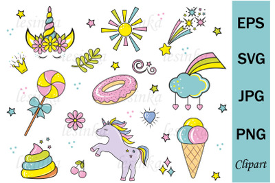Clipart with cute unicorns and rainbows, svg file cutting