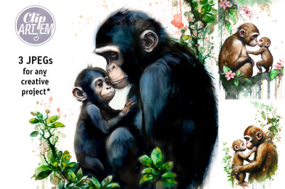 Mommy Baby Monkey Gorilla 3 JPEG Images Set Jungle Monkey Digital