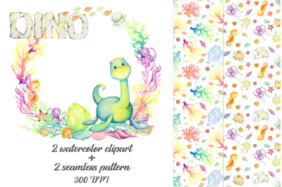 Cute dinosaur, watercolor clipart print on T-shirt. Digital paper, und