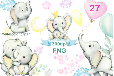 Elephant watercolor clipart, cute baby elephant PNG, baby girl, boy cl