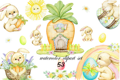 Cute spring bunnies, easter watercolor, cute carrot house clipart, pas