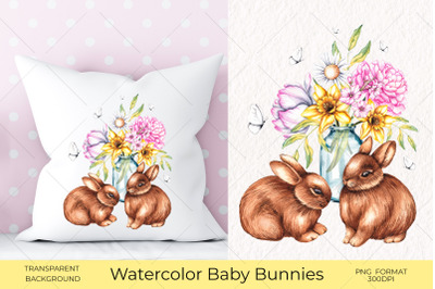Watercolor bunny with flowers Print PNG