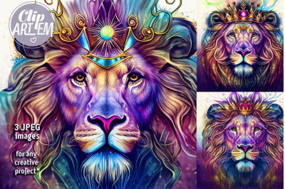 Phantasmal Neon Modern Royal Lion Artwork 3 JPEG Images Painting Set