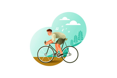 Youth riding a bicycle while listening to music